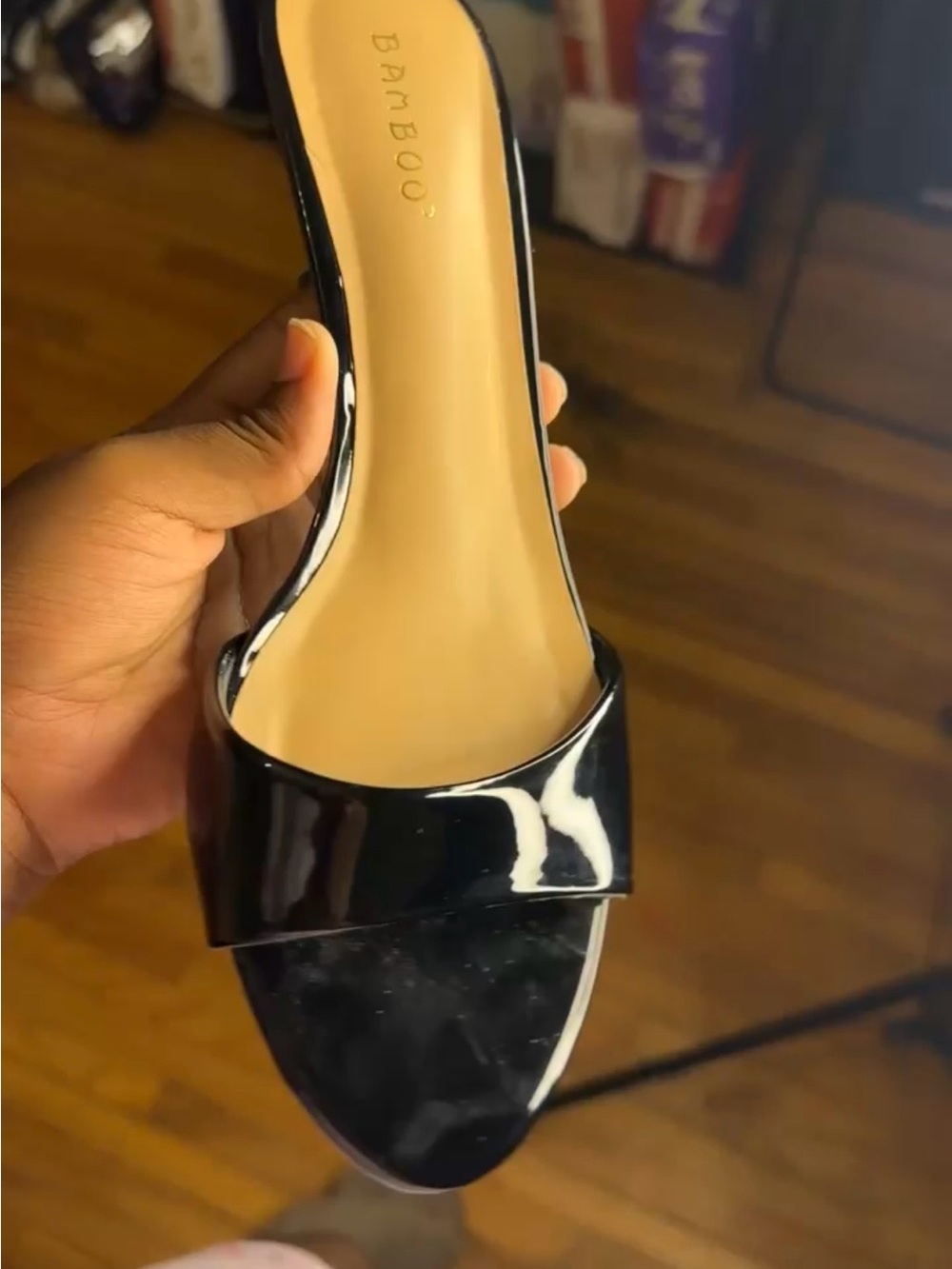 BAMBOO Black Patent Open-Toe Slide Mule